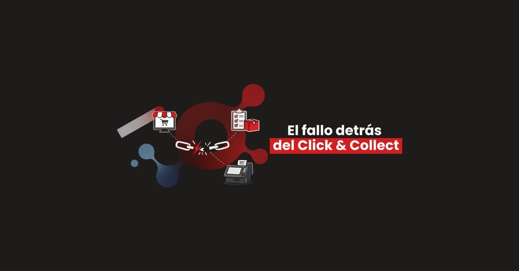 Tienda online, almacén y TPV unidos por una cadena rota, con el texto «El fallo detrás del Click & Collect»