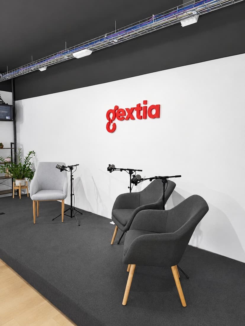 Estudio de grabación de Gextia Insights, con el logo de Gextia en la pared y sillones preparados para la entrevista