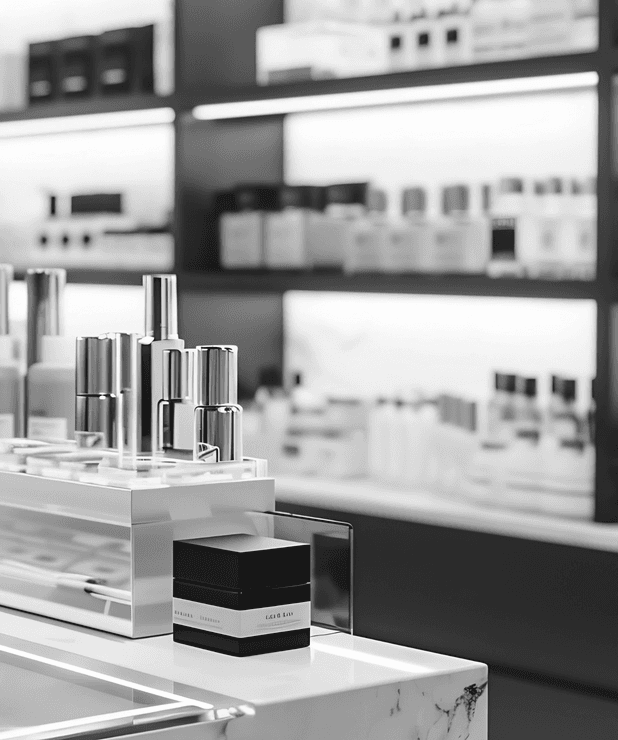 Mostrador de perfumería con frascos y productos de cosmética expuestos