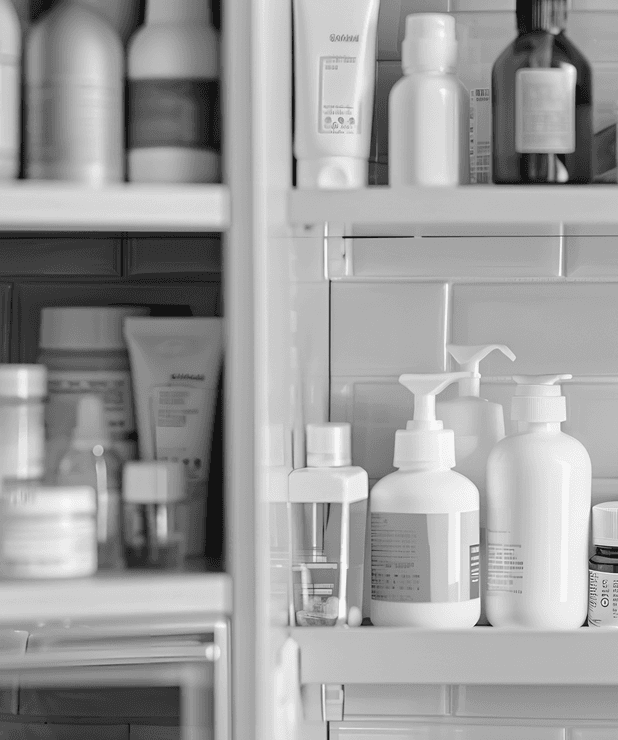 Estantería de parafarmacia con botes, dosificadores y productos cosméticos