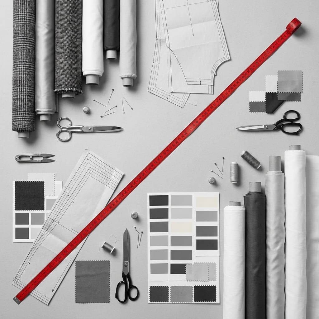 Composición de materiales de confección: rollos de tela, patrones, cinta métrica y muestrarios de color