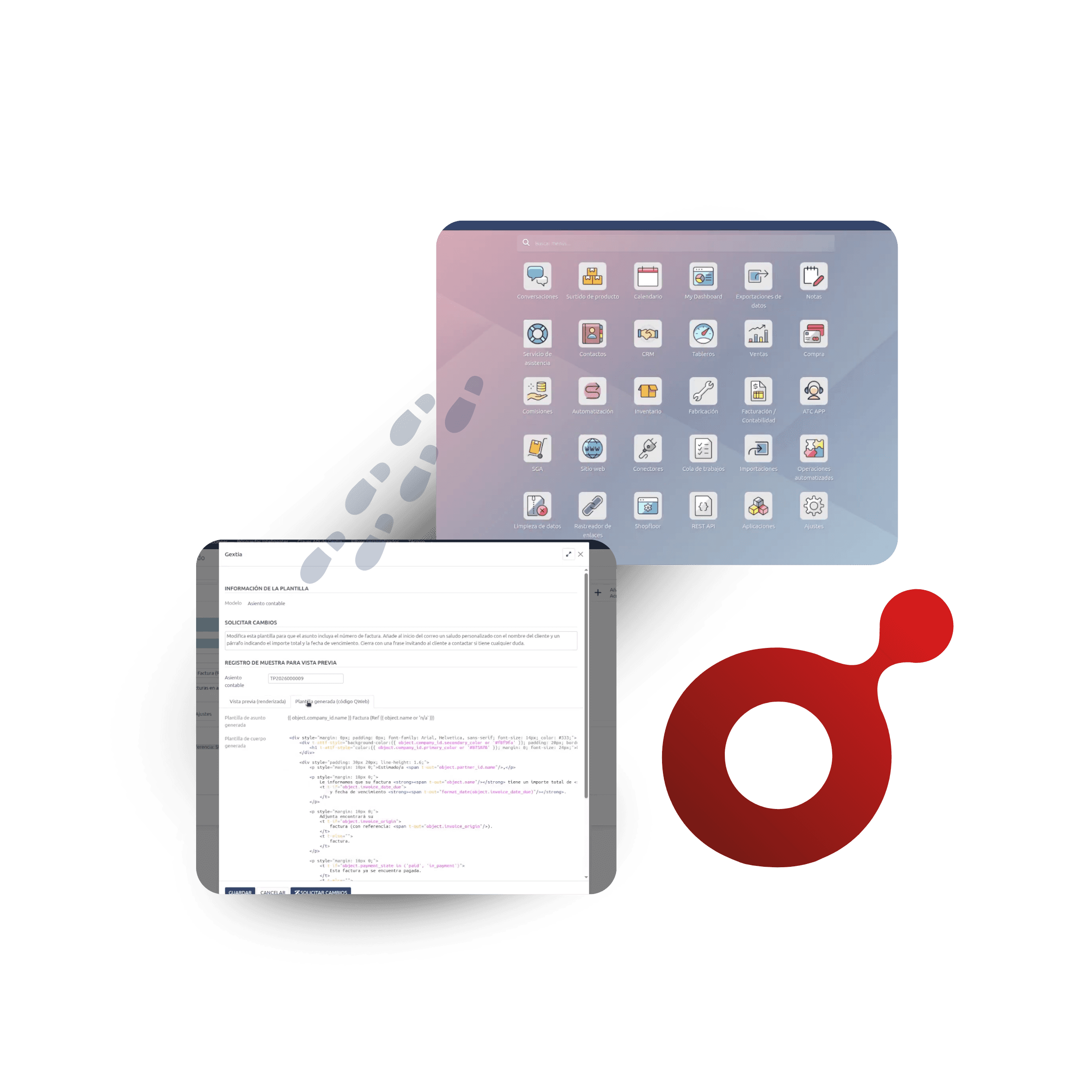 Menú de aplicaciones de Gextia y editor de plantillas de correo