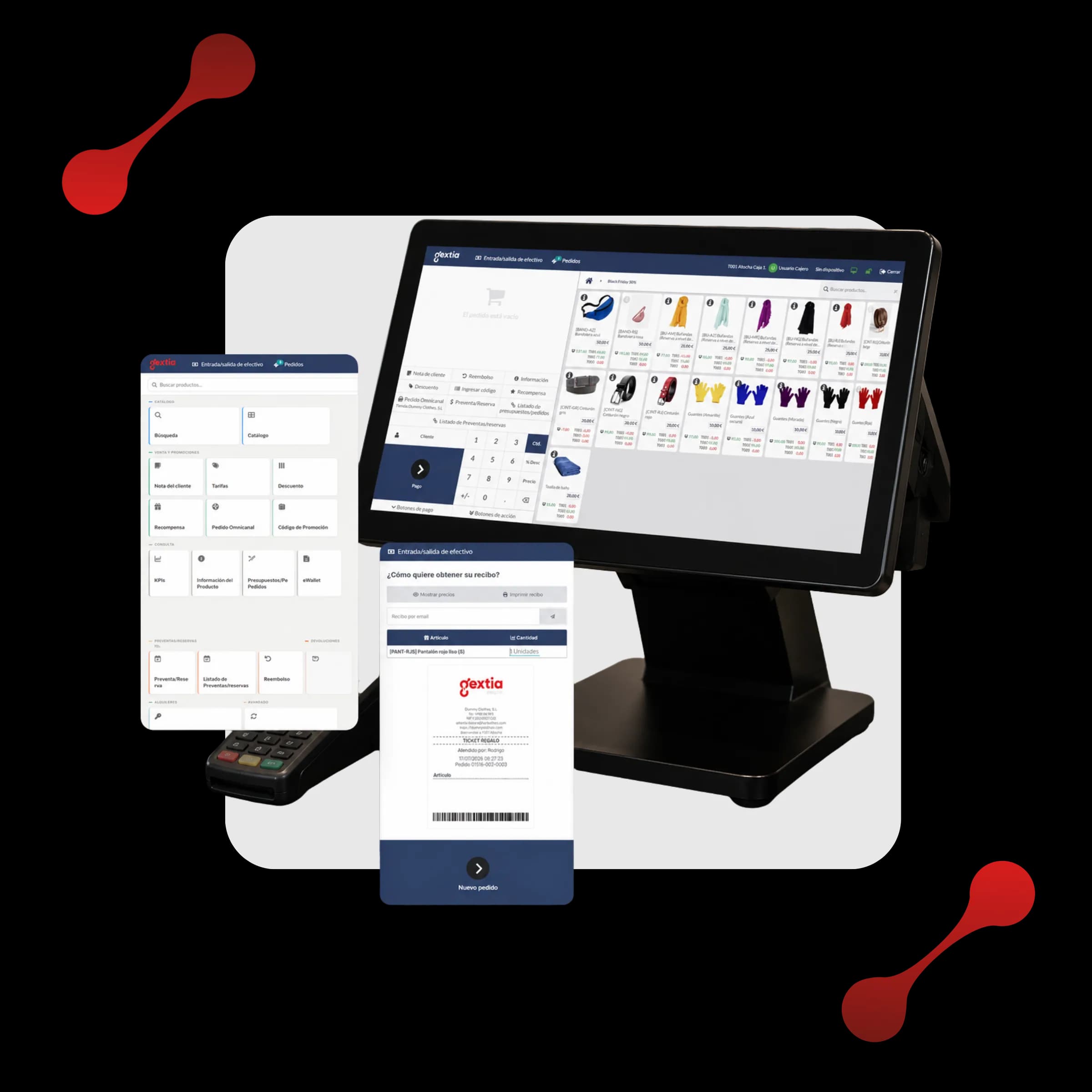 Terminal de punto de venta Gextia con datáfono y ticket de compra