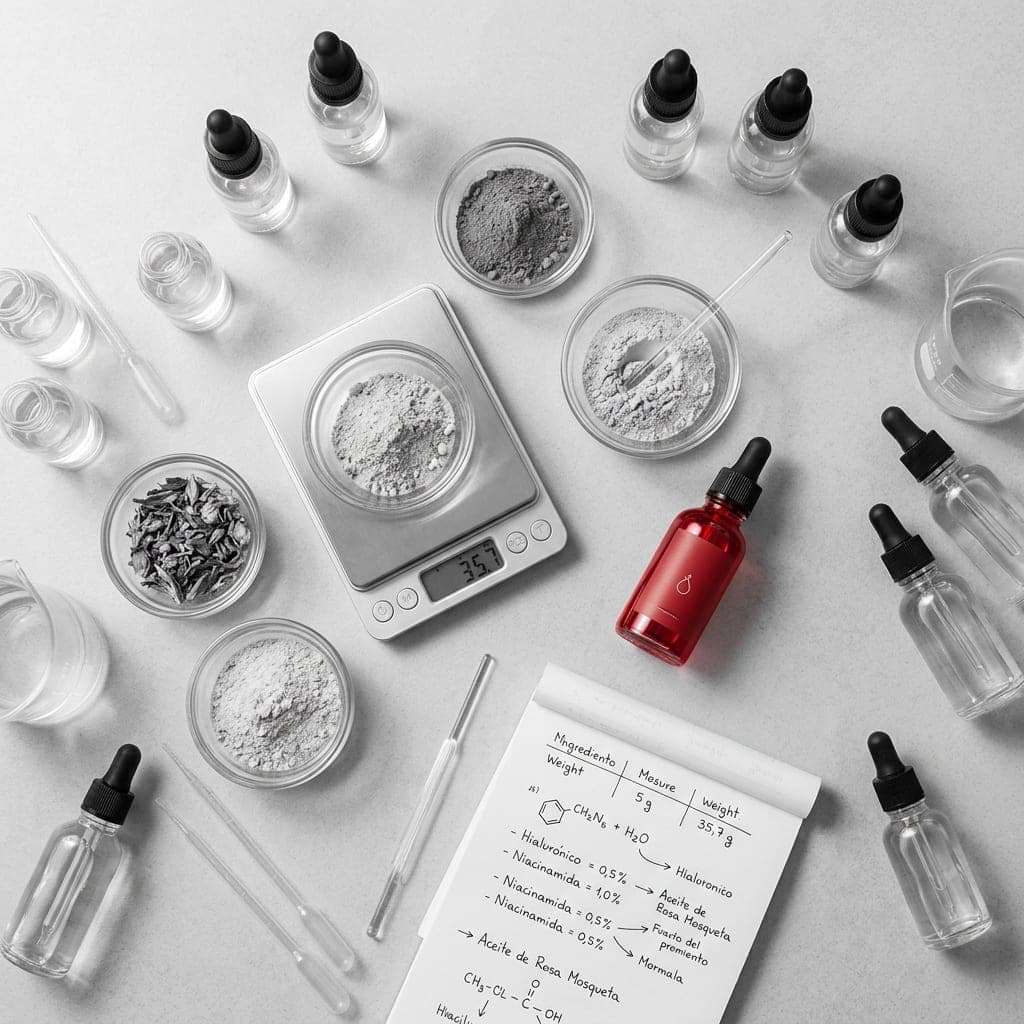 Laboratorio de cosmética con frascos, báscula y fórmula