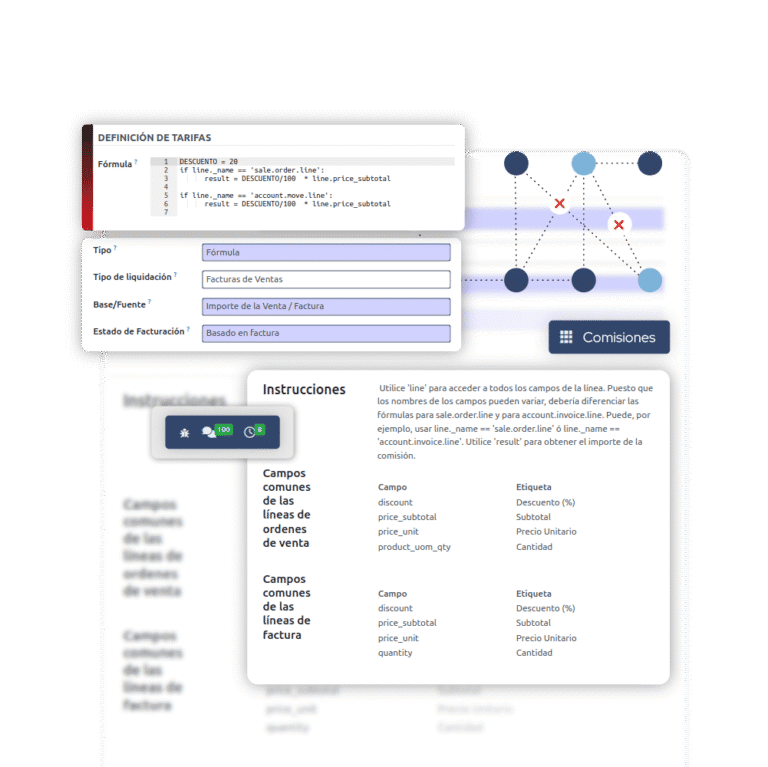 Pantalla con las comisiones en ERP, mostrando el tipo de liquidación, el estado de facturación y la definición de las tarifas