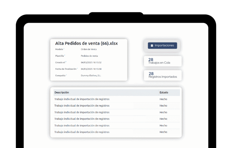 Pantallas de importadores de registros mediante CSV/ Excel, con el alta de pedidos de venta, el número de trabajos en cola y registros importados